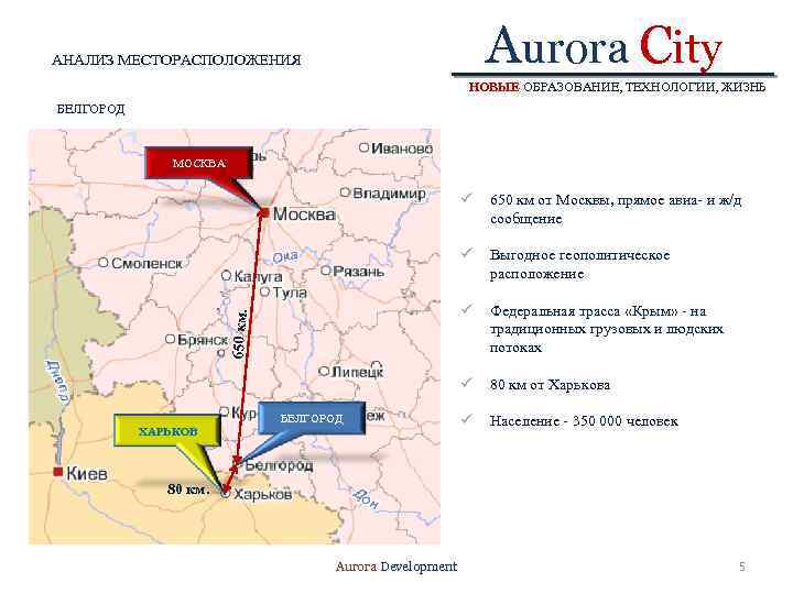 Aurora City АНАЛИЗ МЕСТОРАСПОЛОЖЕНИЯ НОВЫЕ ОБРАЗОВАНИЕ, ТЕХНОЛОГИИ, ЖИЗНЬ БЕЛГОРОД МОСКВА ü БЕЛГОРОД Выгодное геополитическое
