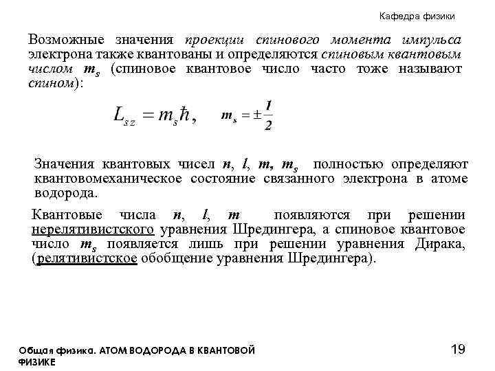 Кафедра физики Возможные значения проекции спинового момента импульса электрона также квантованы и определяются спиновым