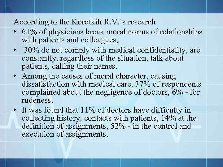 According to the Korotkih R. V. `s research • 61% of physicians break moral