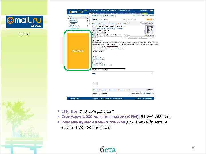 почта • CTR, в %: от 0, 06% до 0, 12% • Стоимость 1000