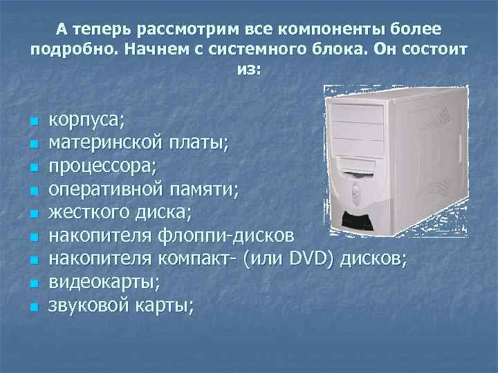 А теперь рассмотрим все компоненты более подробно. Начнем с системного блока. Он состоит из: