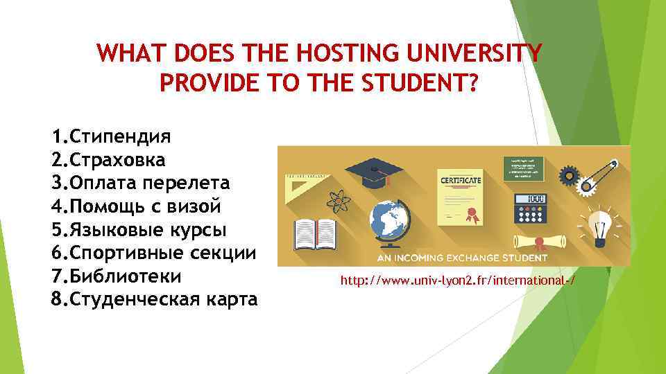 WHAT DOES THE HOSTING UNIVERSITY PROVIDE TO THE STUDENT? 1. Стипендия 2. Страховка 3.