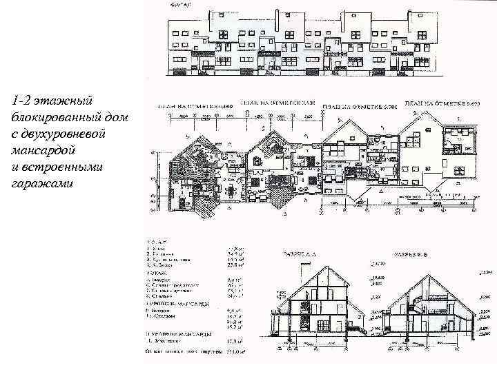 1 -2 этажный блокированный дом с двухуровневой мансардой и встроенными гаражами 