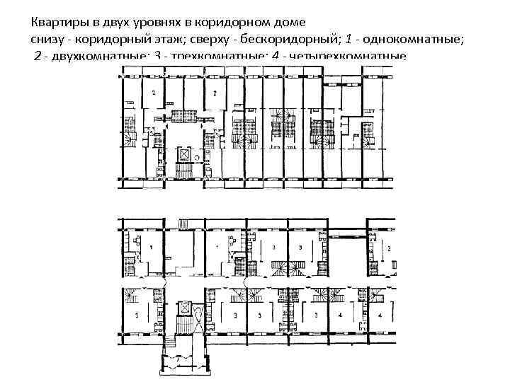 Квартиры в двух уровнях в коридорном доме снизу - коридорный этаж; сверху - бескоридорный;