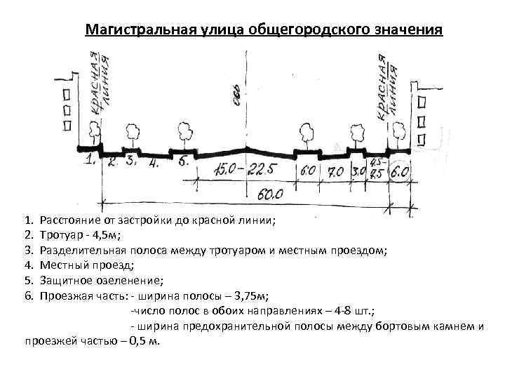 Магистральная улица общегородского значения 1. Расстояние от застройки до красной линии; 2. Тротуар -