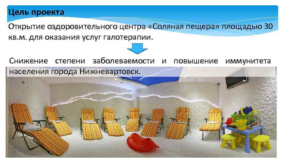 Цель проекта Открытие оздоровительного центра «Соляная пещера» площадью 30 кв. м. для оказания услуг