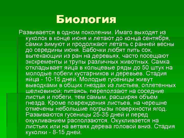 Биология Развивается в одном поколении. Имаго выходят из куколок в конце июня и летают