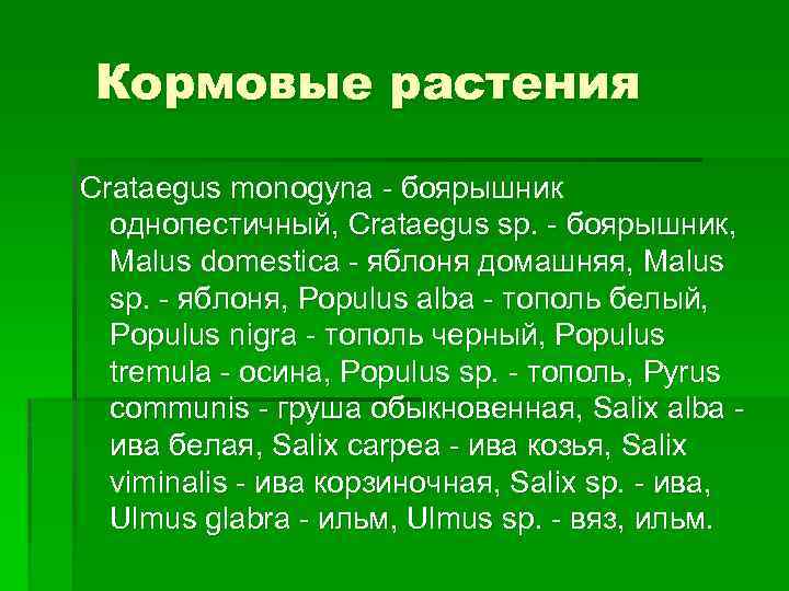 Кормовые растения Crataegus monogyna - боярышник однопестичный, Crataegus sp. - боярышник, Malus domestica -