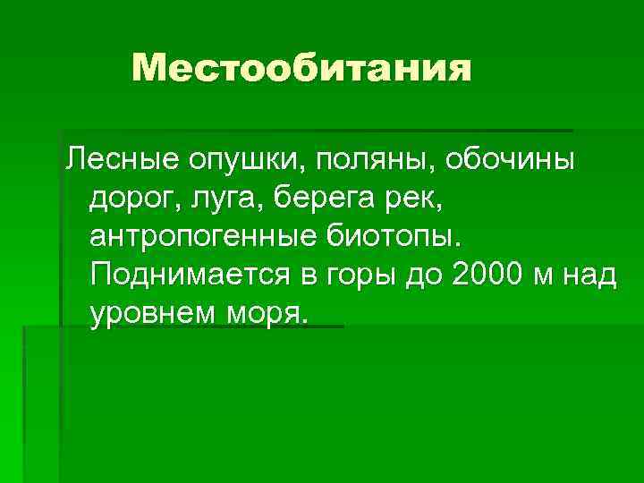 Местообитания Лесные опушки, поляны, обочины дорог, луга, берега рек, антропогенные биотопы. Поднимается в горы