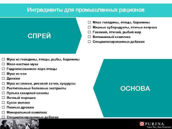 Ингредиенты для промышленных рационов СПРЕЙ o Мука из говядины, птицы, рыбы, баранины o Мясо-костная
