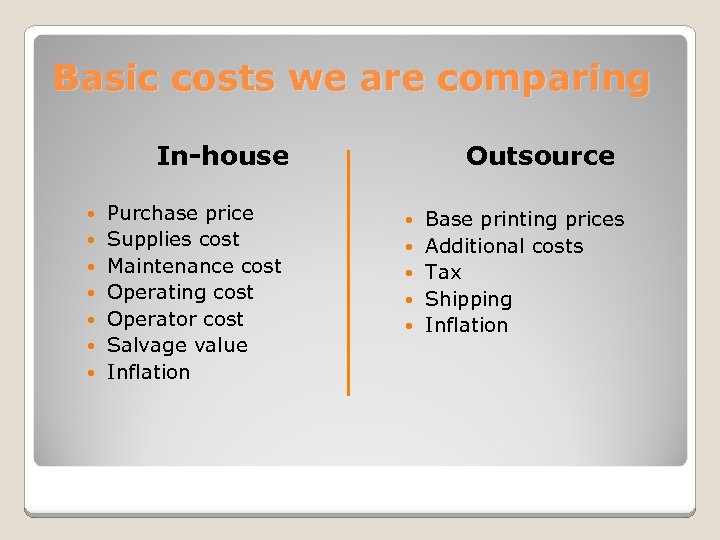 Basic costs we are comparing Outsource In-house Purchase price Supplies cost Maintenance cost Operating