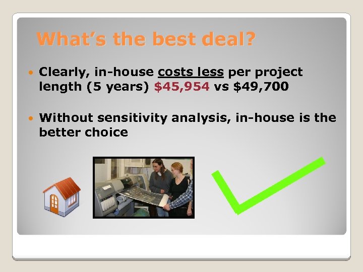 What’s the best deal? Clearly, in-house costs less per project length (5 years) $45,