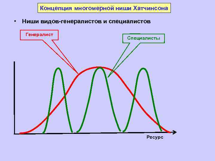 Концепция многомерной ниши Хатчинсона • Ниши видов-генералистов и специалистов Генералист Специалисты Ресурс 