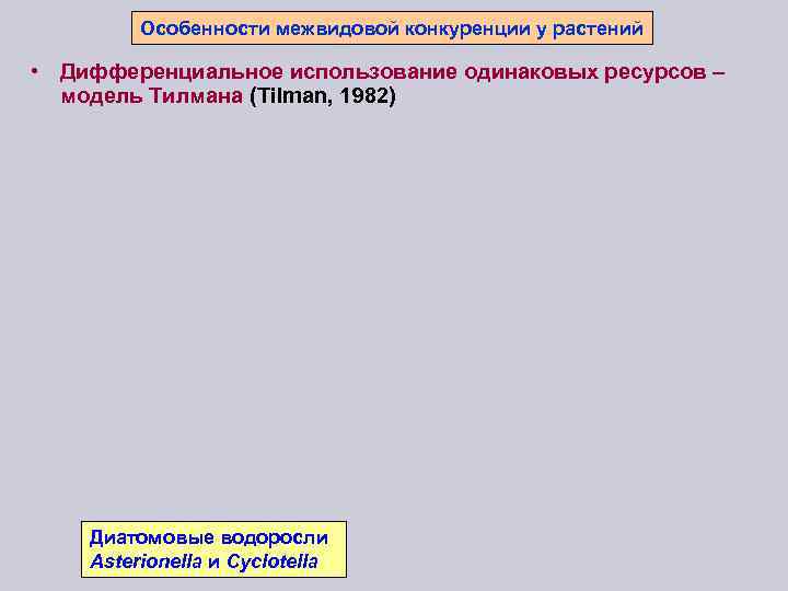 Особенности межвидовой конкуренции у растений • Дифференциальное использование одинаковых ресурсов – модель Тилмана (Tilman,