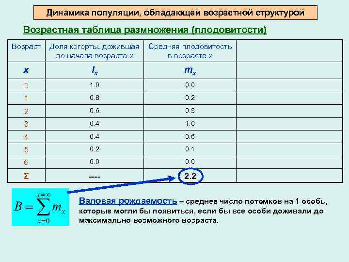 Динамика популяции, обладающей возрастной структурой Возрастная таблица размножения (плодовитости) Возраст Доля когорты, дожившая Средняя