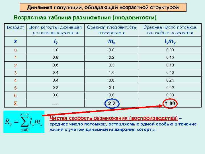 Динамика популяции, обладающей возрастной структурой Возрастная таблица размножения (плодовитости) Возраст Доля когорты, дожившая Средняя