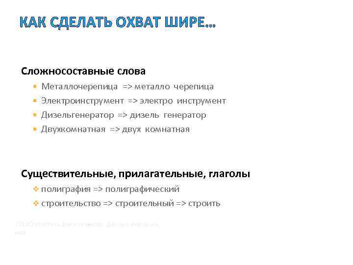 КАК СДЕЛАТЬ ОХВАТ ШИРЕ… Сложносоставные слова Металлочерепица => металло черепица Электроинструмент => электро инструмент