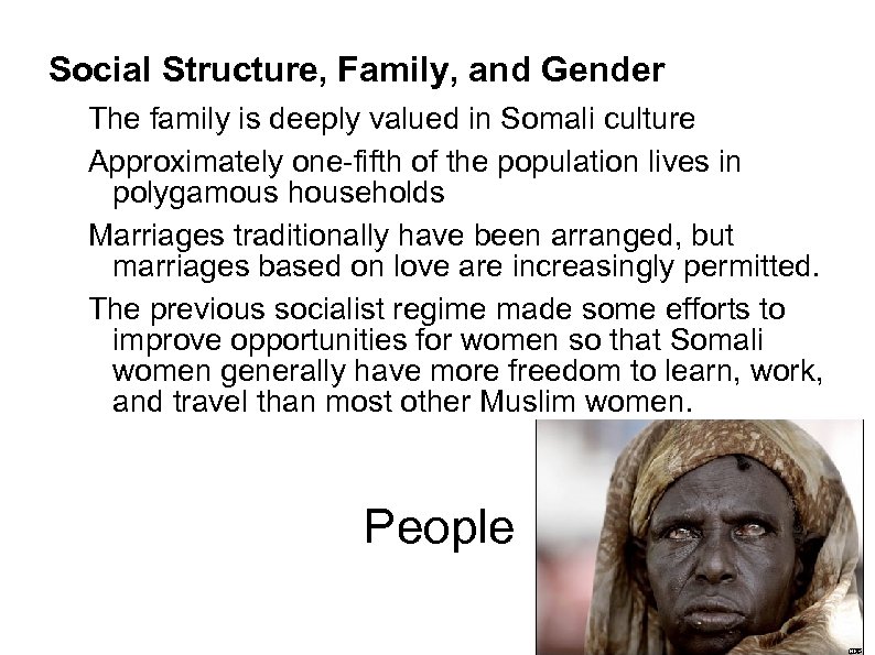 Social Structure, Family, and Gender The family is deeply valued in Somali culture Approximately