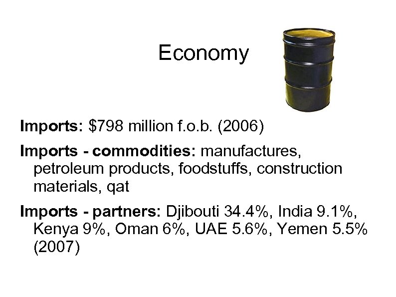 Economy Imports: $798 million f. o. b. (2006) Imports - commodities: manufactures, petroleum products,
