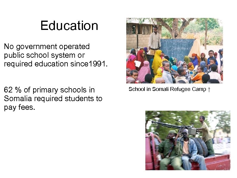 Education No government operated public school system or required education since 1991. 62 %