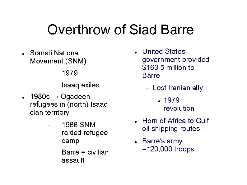 Overthrow of Siad Barre Somali National Movement (SNM) 1979 Isaaq exiles 1980 s →
