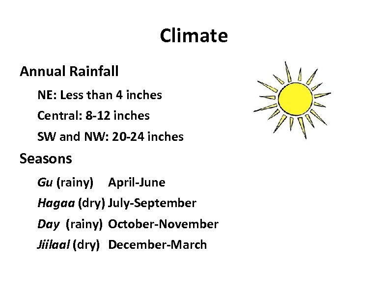 Climate Annual Rainfall NE: Less than 4 inches Central: 8 -12 inches SW and