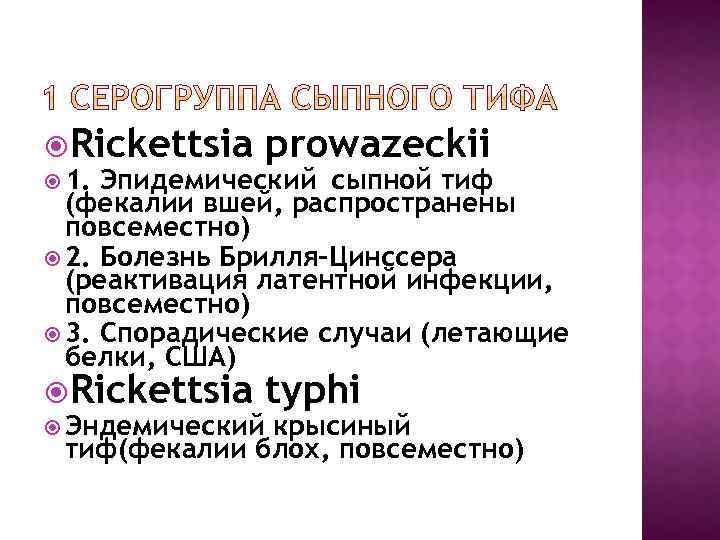  Rickettsia prowazeckii Rickettsia typhi 1. Эпидемический сыпной тиф (фекалии вшей, распространены повсеместно) 2.