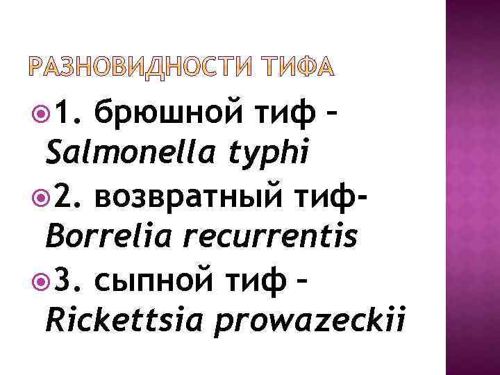  1. брюшной тиф – Salmonella typhi 2. возвратный тиф. Borrelia recurrentis 3. сыпной
