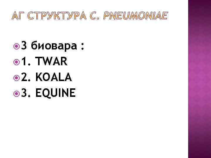  3 биовара : 1. TWAR 2. KOALA 3. EQUINE 