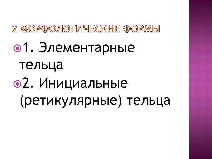  1. Элементарные тельца 2. Инициальные (ретикулярные) тельца 