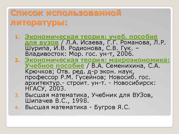 Список использованной литературы: Экономическая теория: учеб. пособие для вузов / Л. А. Исаева, Г.
