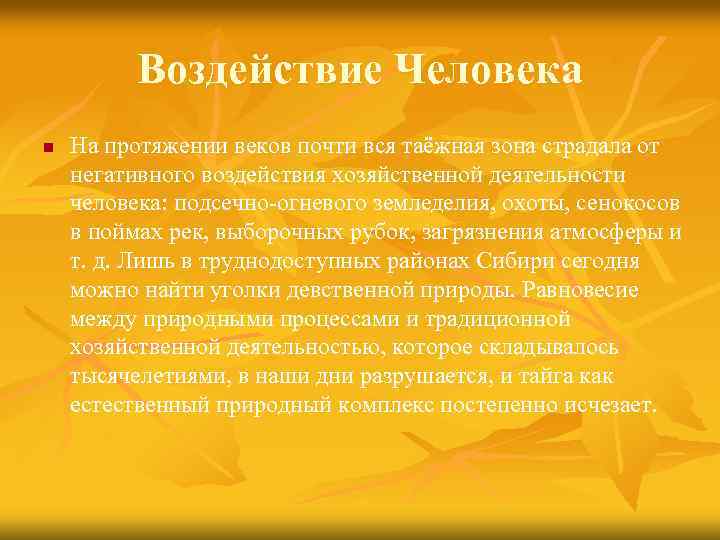 Воздействие Человека n На протяжении веков почти вся таёжная зона страдала от негативного воздействия