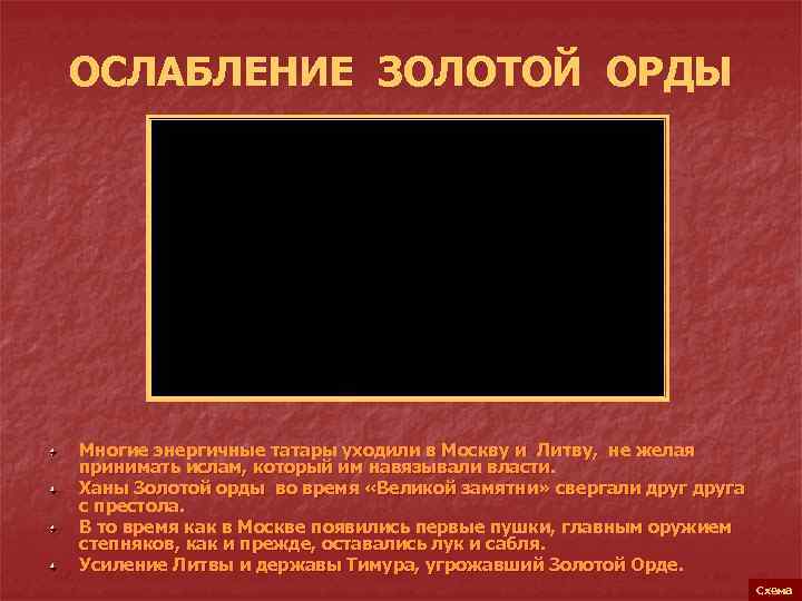 ОСЛАБЛЕНИЕ ЗОЛОТОЙ ОРДЫ Многие энергичные татары уходили в Москву и Литву, не желая принимать
