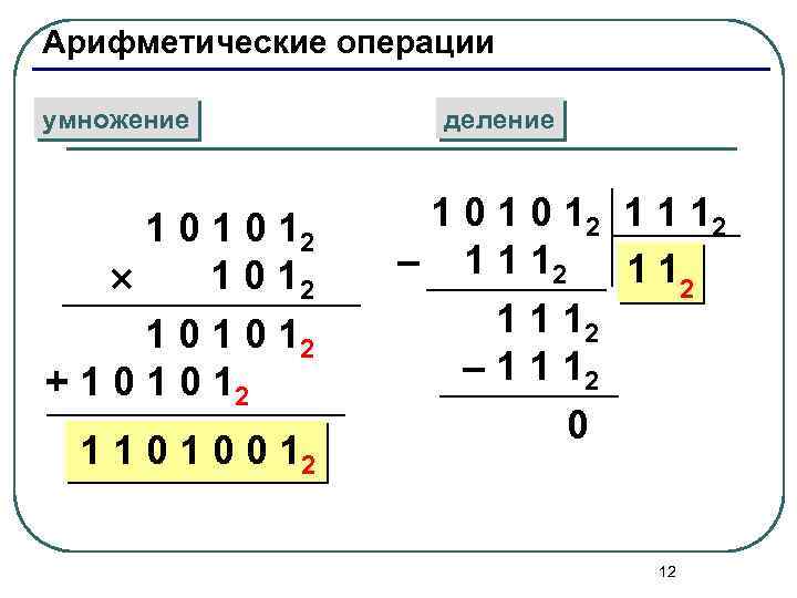 Арифметические операции умножение 1 0 12 1 0 12 + 1 0 12 1