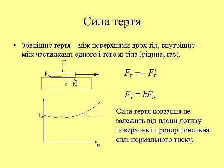 Сила тертя • Зовнішнє тертя – між поверхнями двох тіл, внутрішнє – між частинками