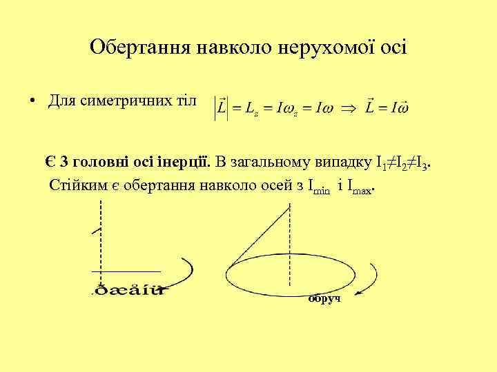 Обертання навколо нерухомої осі • Для симетричних тіл Є 3 головні осі інерції. В