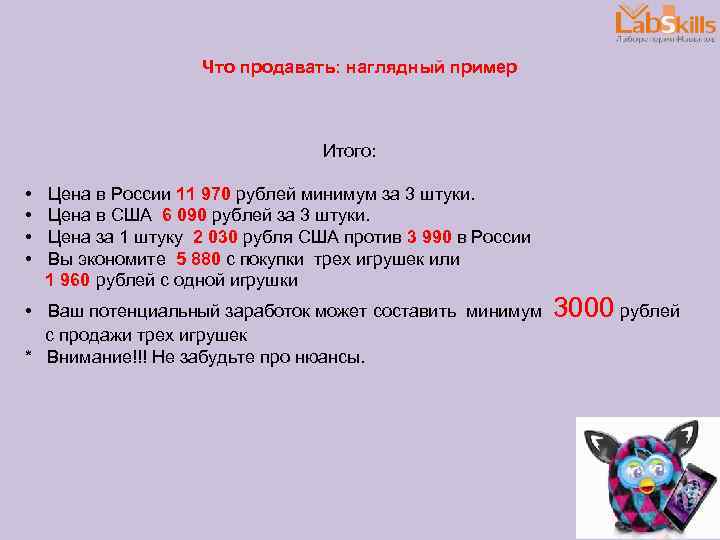 Что продавать: наглядный пример Итого: • Цена в России 11 970 рублей минимум за