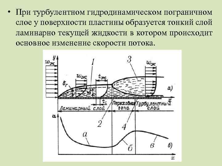  • При турбулентном гидродинамическом пограничном слое у поверхности пластины образуется тонкий слой ламинарно