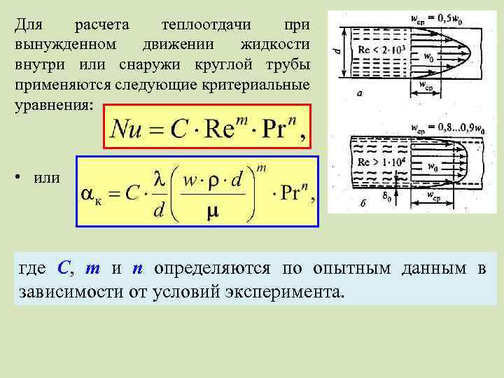 Для расчета теплоотдачи при вынужденном движении жидкости внутри или снаружи круглой трубы применяются следующие