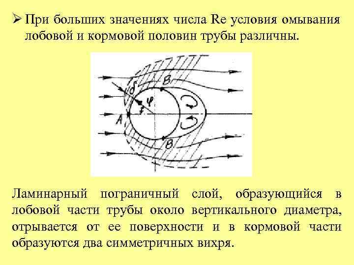 Ø При больших значениях числа Re условия омывания лобовой и кормовой половин трубы различны.