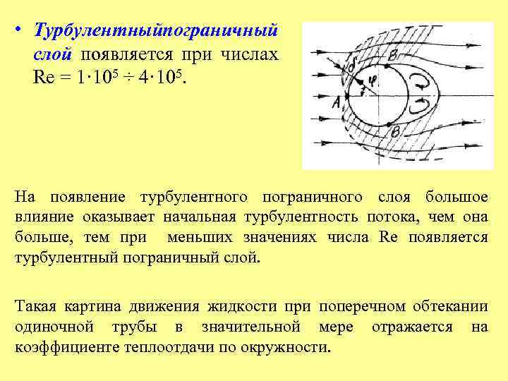  • Турбулентныйпограничный слой появляется при числах Re = 1· 105 ÷ 4· 105.