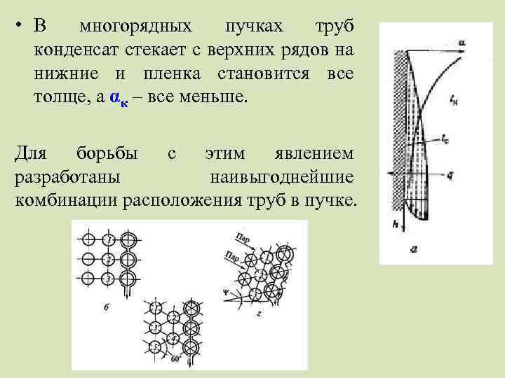 • В многорядных пучках труб конденсат стекает с верхних рядов на нижние и