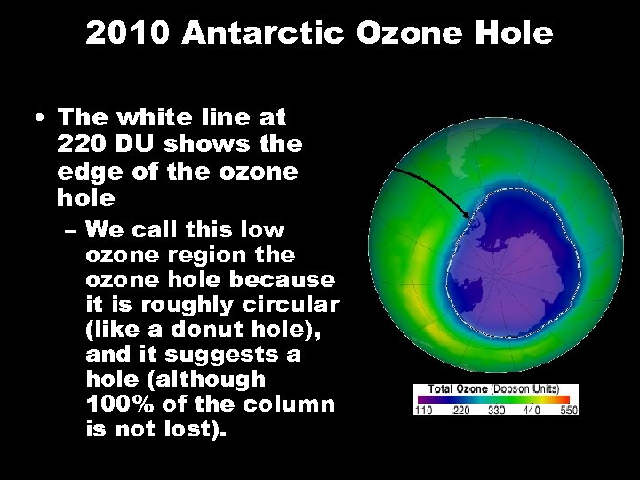 2010 Antarctic Ozone Hole • The white line at 220 DU shows the edge