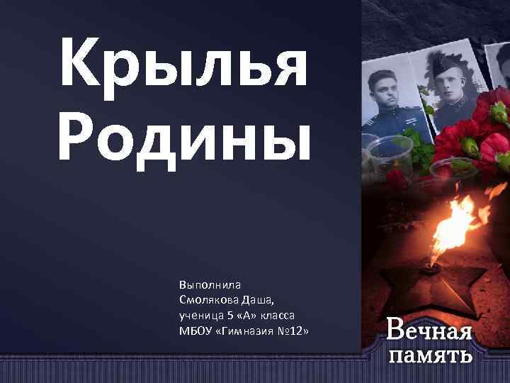 Крылья Родины Выполнила Смолякова Даша, ученица 5 «А» класса МБОУ «Гимназия № 12» 