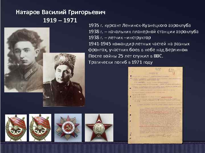 Натаров Василий Григорьевич 1919 – 1971 1935 г. курсант Ленинск-Кузнецкого аэроклуба 1938 г. –