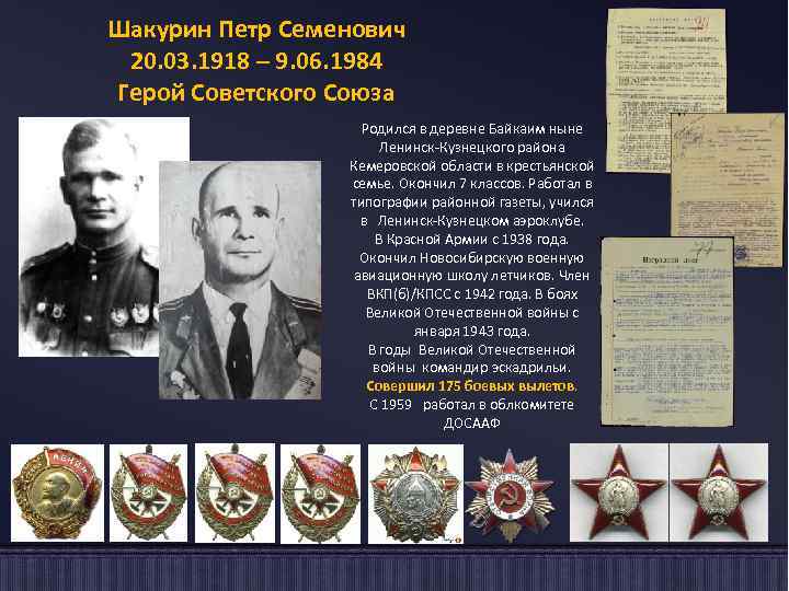 Шакурин Петр Семенович 20. 03. 1918 – 9. 06. 1984 Герой Советского Союза Родился