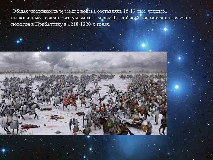  Общая численность русского войска составляла 15 -17 тыс. человек, аналогичные численности указывал Генрих