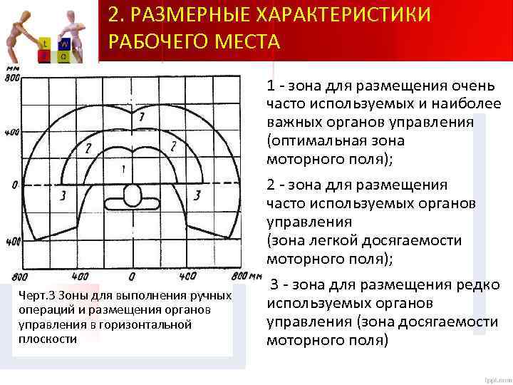 Особенности и характеристики рабочего места. Характеристика рабочего места. Размерные характеристики. Характеристика рабочей зоны стоя. Оптимальная зона досягаемости в моторном поле это.