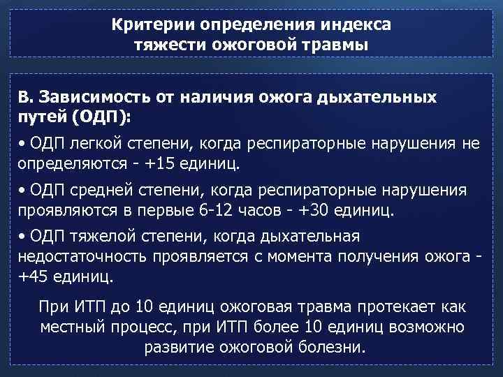 Критерии определения индекса тяжести ожоговой травмы В. Зависимость от наличия ожога дыхательных путей (ОДП):