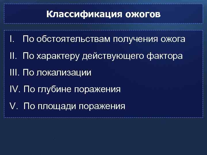 Классификация ожогов I. По обстоятельствам получения ожога II. По характеру действующего фактора III. По